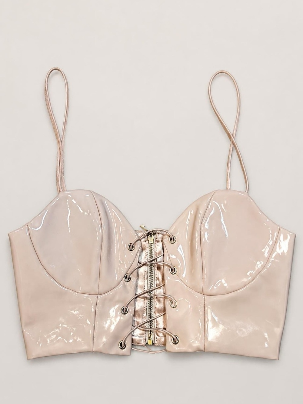 Meshki Blush Patent Lace-Up Bustier Crop khaki